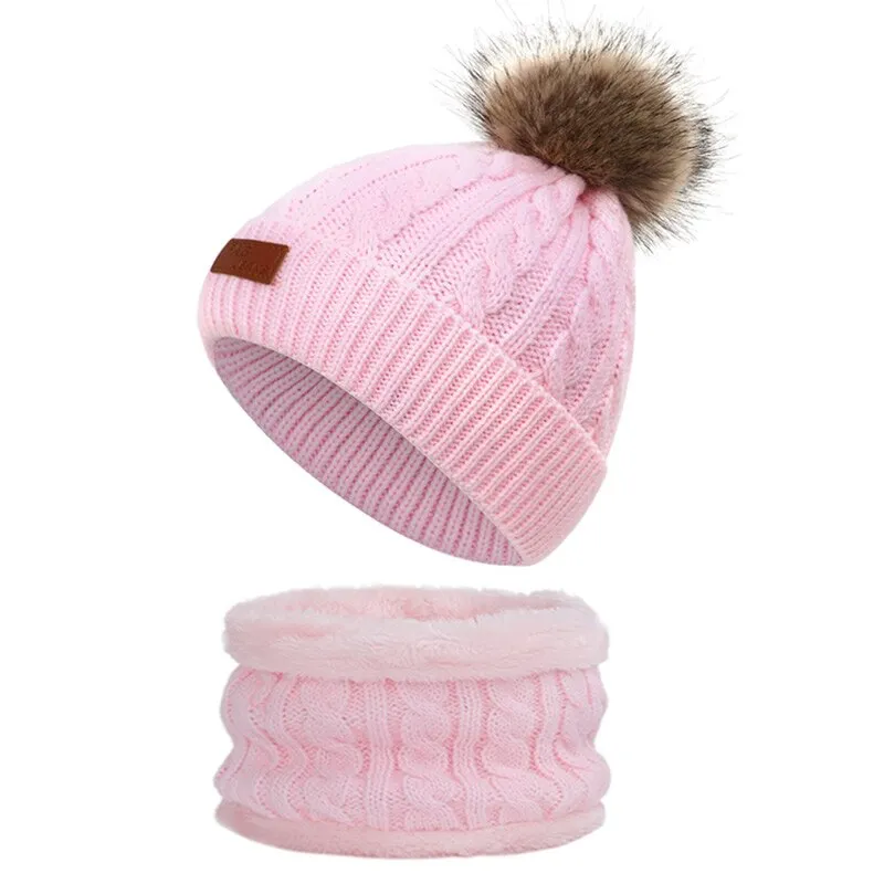 Warm Beanies Hat For Girl Ring Scarf Pompoms Winter Hats Knitted Caps Scarf 2 Pieces Fashion Winter Hat Scarf Set For child