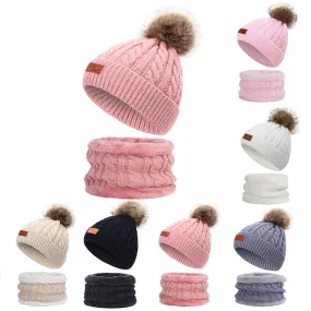 Warm Beanies Hat For Girl Ring Scarf Pompoms Winter Hats Knitted Caps Scarf 2 Pieces Fashion Winter Hat Scarf Set For child