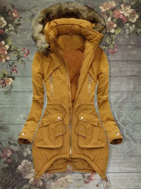 Warm Solid Color Women's Overcoat with Furry Hat