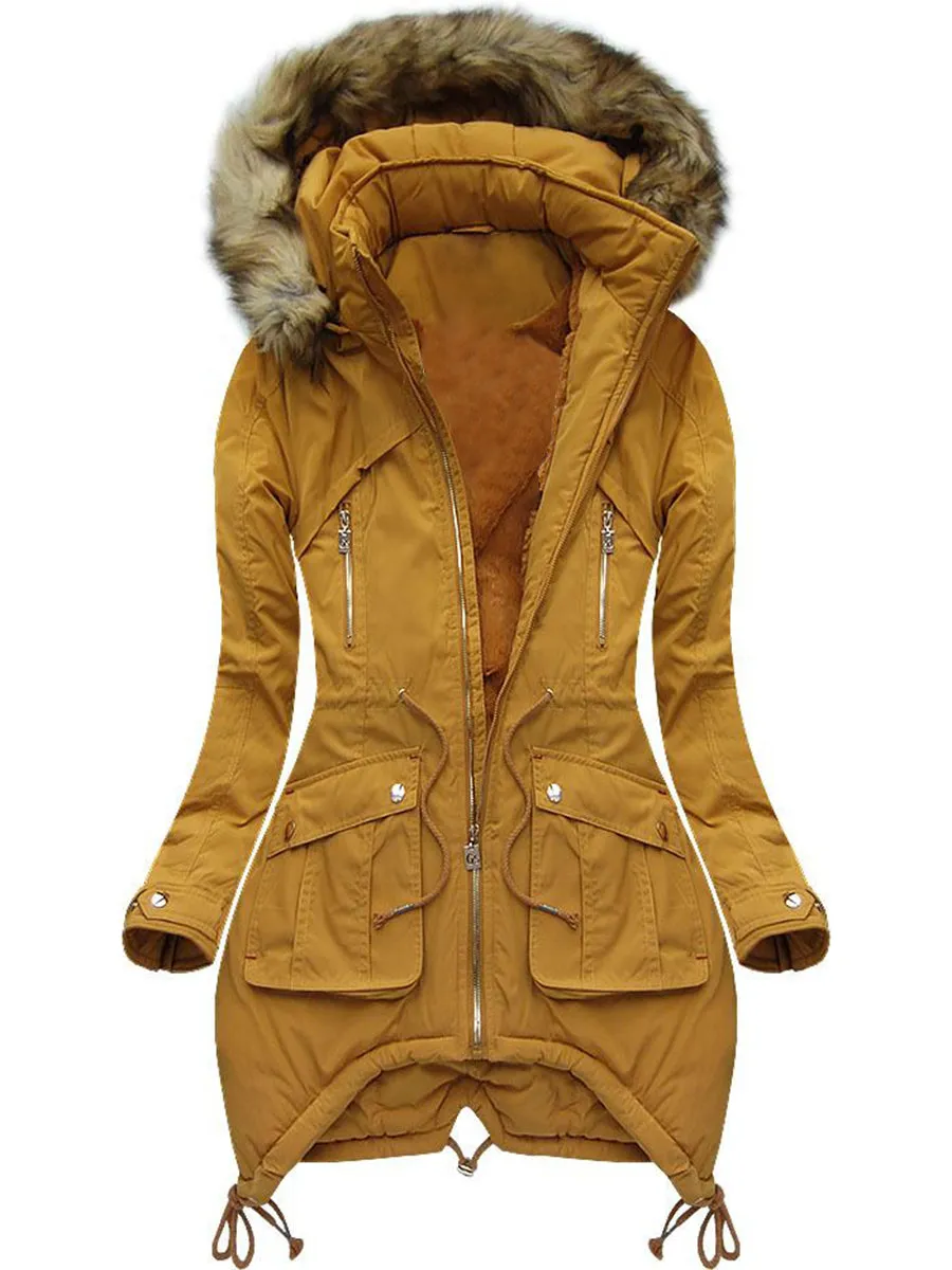 Warm Solid Color Women's Overcoat with Furry Hat