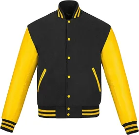 Warrior Gears Classic Hybrid Varsity Jacket for Kids, Toddler Letterman Bomber Jacket for Boys, Unisex Varsity Jacket Girls, Black Pure Wool Body & Yellow Cowhide Leather Sleeves