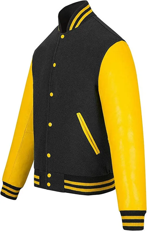 Warrior Gears Classic Hybrid Varsity Jacket for Kids, Toddler Letterman Bomber Jacket for Boys, Unisex Varsity Jacket Girls, Black Pure Wool Body & Yellow Cowhide Leather Sleeves