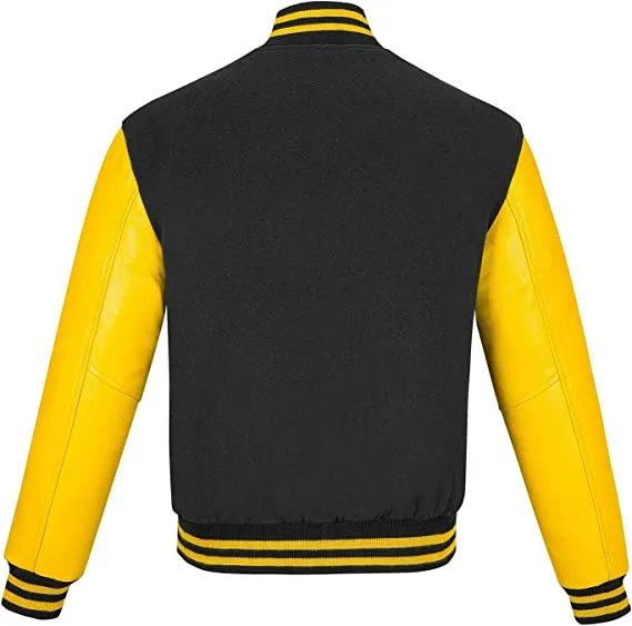 Warrior Gears Classic Hybrid Varsity Jacket for Kids, Toddler Letterman Bomber Jacket for Boys, Unisex Varsity Jacket Girls, Black Pure Wool Body & Yellow Cowhide Leather Sleeves