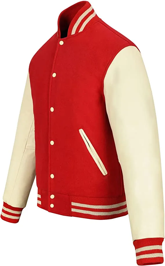 Warrior Gears Classic Hybrid Varsity Jacket for Kids, Toddler Letterman Bomber Jacket for Boys, Unisex Varsity Jacket Girls, Red Pure Wool Body & Cream Cowhide Leather Sleeves