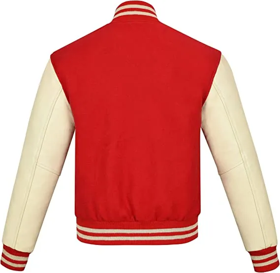 Warrior Gears Classic Hybrid Varsity Jacket for Kids, Toddler Letterman Bomber Jacket for Boys, Unisex Varsity Jacket Girls, Red Pure Wool Body & Cream Cowhide Leather Sleeves