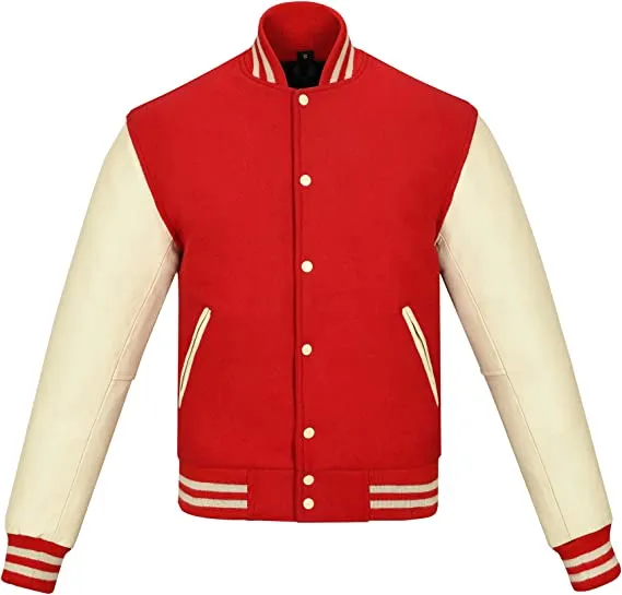 Warrior Gears Classic Hybrid Varsity Jacket for Kids, Toddler Letterman Bomber Jacket for Boys, Unisex Varsity Jacket Girls, Red Pure Wool Body & Cream Cowhide Leather Sleeves