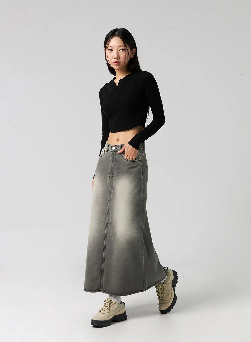 Washed Denim Maxi Skirt CG327