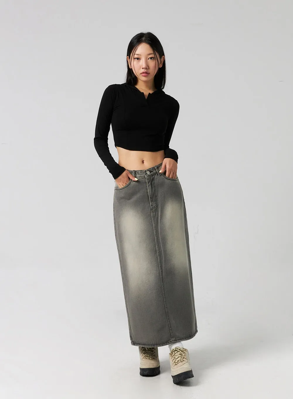 Washed Denim Maxi Skirt CG327