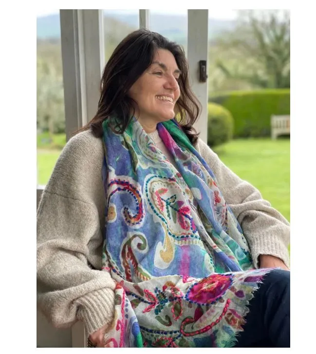 Watercolour Embroidered Wool Scarf from Jo Edwards