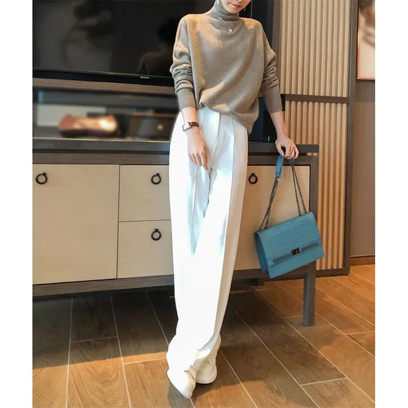 Wenkouban women’s fashion Tall Lengthened Pants Slimming Long Legs Straight High Waist Long Wide Leg Pants White Suit Pants