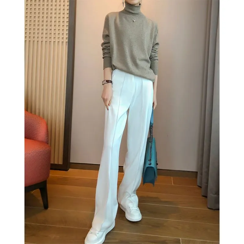 Wenkouban women’s fashion Tall Lengthened Pants Slimming Long Legs Straight High Waist Long Wide Leg Pants White Suit Pants