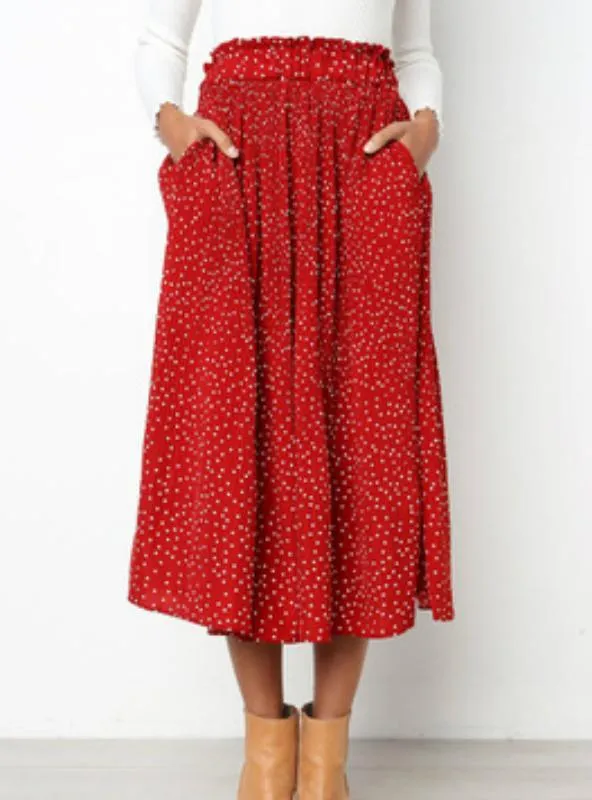 WHITE DOTS FLORAL PRINT PLEATED MIDI SKIRT