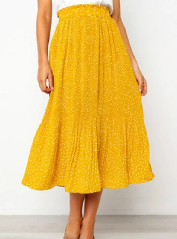 WHITE DOTS FLORAL PRINT PLEATED MIDI SKIRT