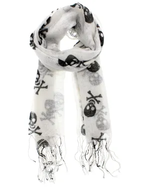 White Linen Look Scarf with Black Skull & Crossbones