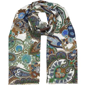 White paisley & floral silk fringed scarf