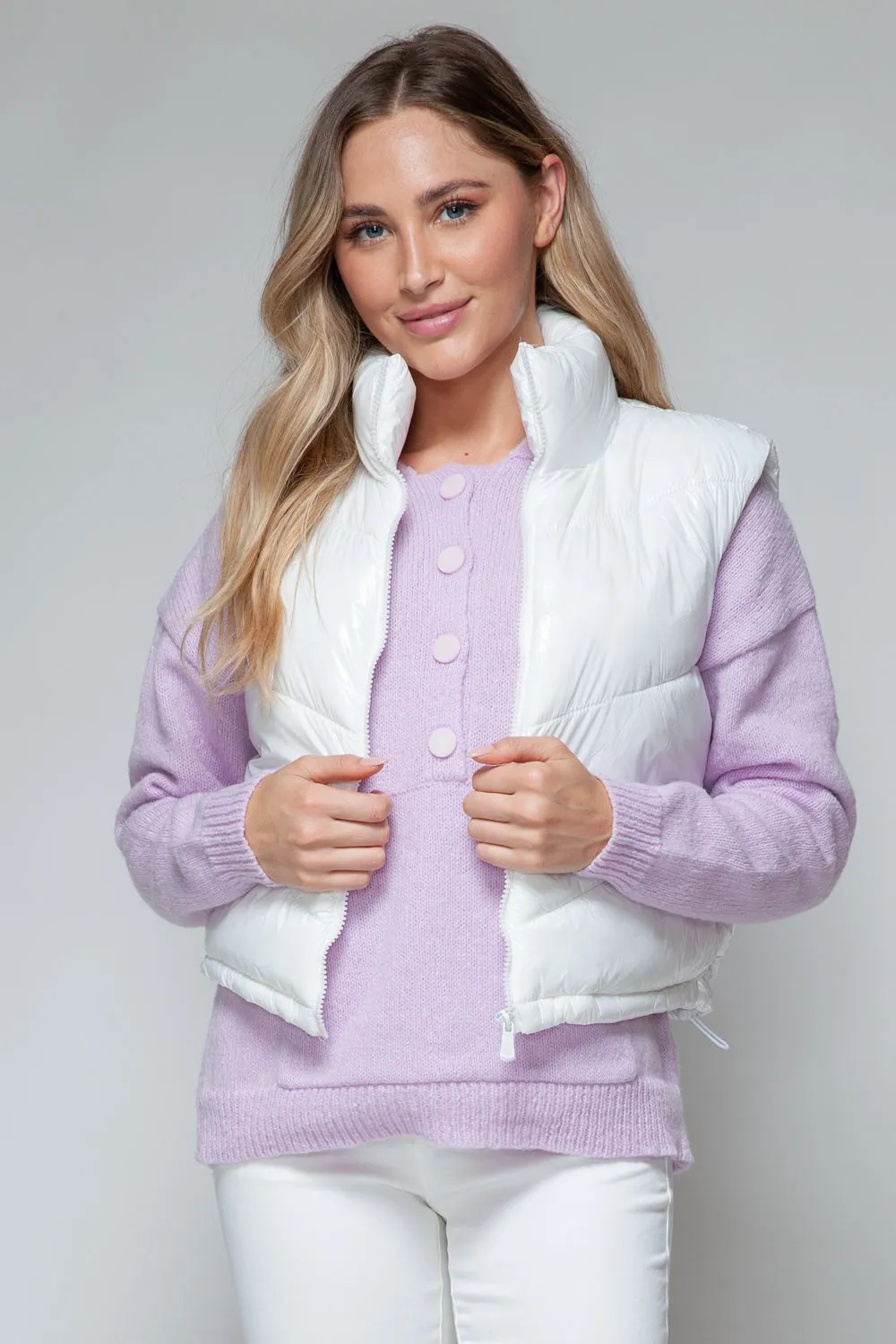 White Puffy Sleeveless Jacket New Women Zip Up Turtleneck Shiny Quilted Vest