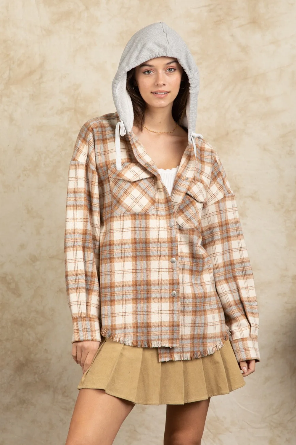 Winter Women Clothing Hooded Large Pocket Plaid Shacket