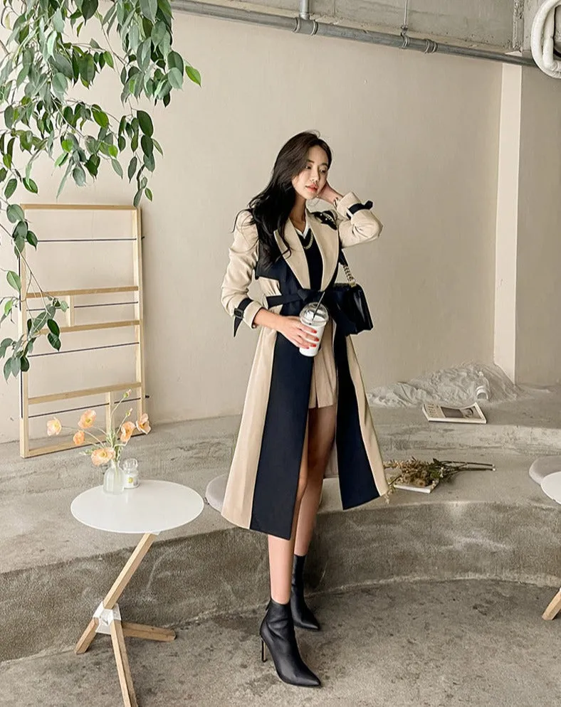 Wjczt Elegant Notched Collar Ladies Patchwork Windbreaker Full Sleeve Buttons Belted Women Long Trench Coats 2021 Winter