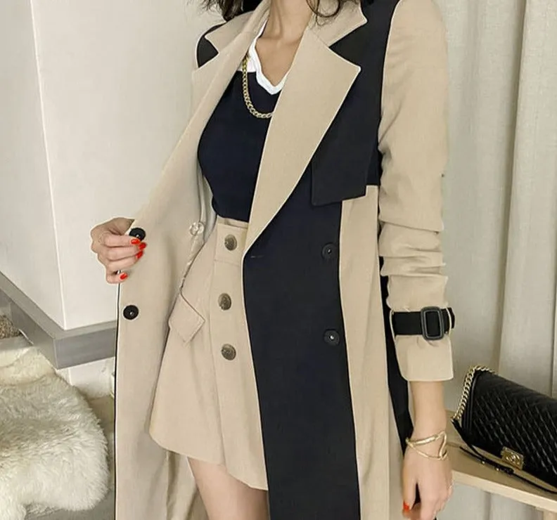 Wjczt Elegant Notched Collar Ladies Patchwork Windbreaker Full Sleeve Buttons Belted Women Long Trench Coats 2021 Winter