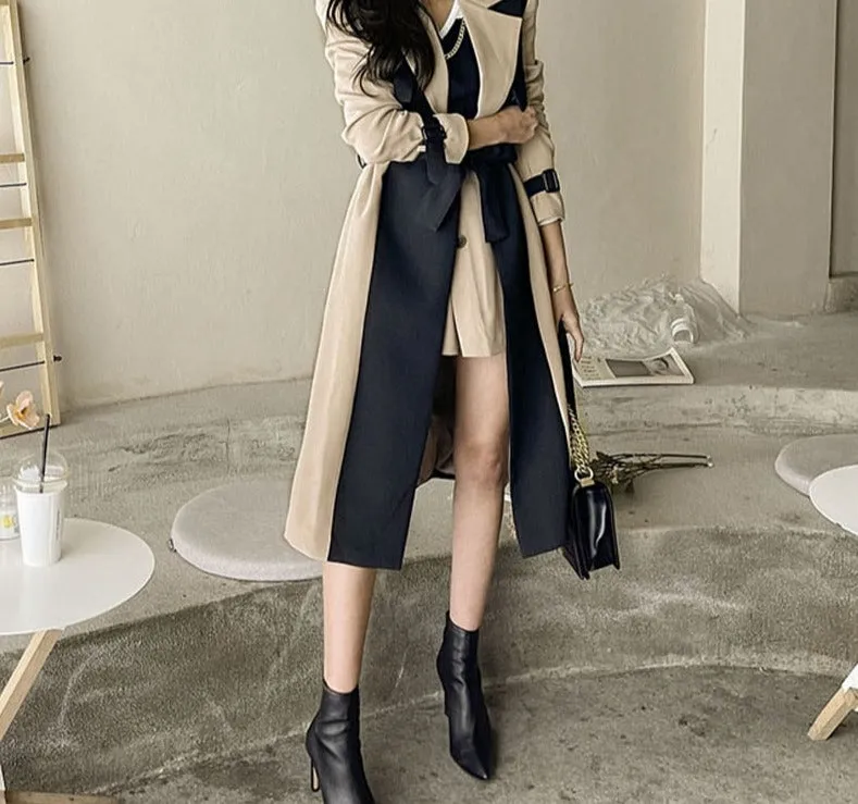 Wjczt Elegant Notched Collar Ladies Patchwork Windbreaker Full Sleeve Buttons Belted Women Long Trench Coats 2021 Winter