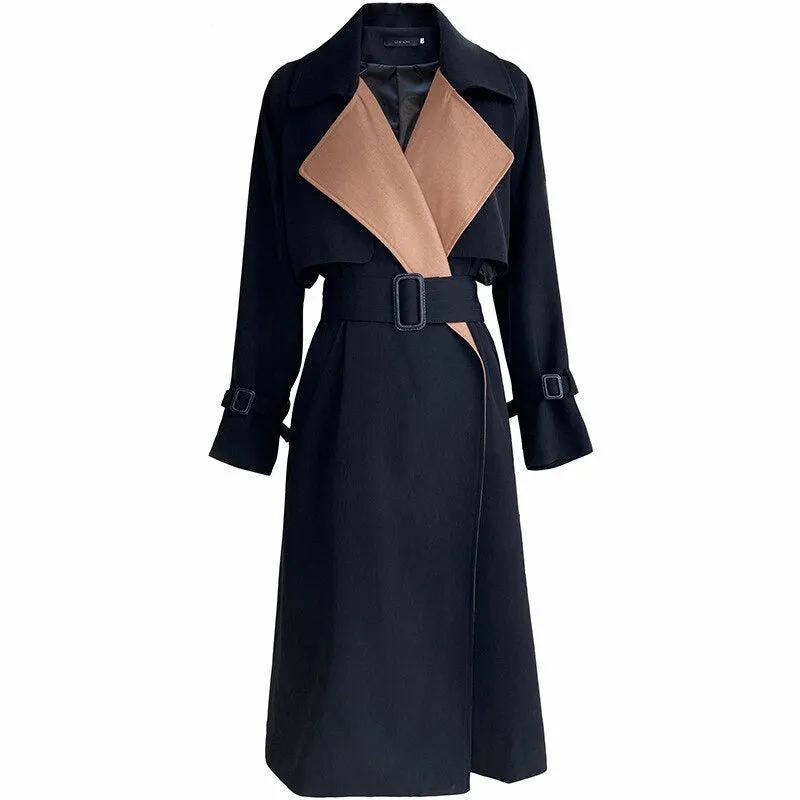 Wjczt Elegant Patchwork Lapel Women Trench Coat Autumn Winter Ladies Overcoats Full Sleeve Belted Loose Female Long Jacket