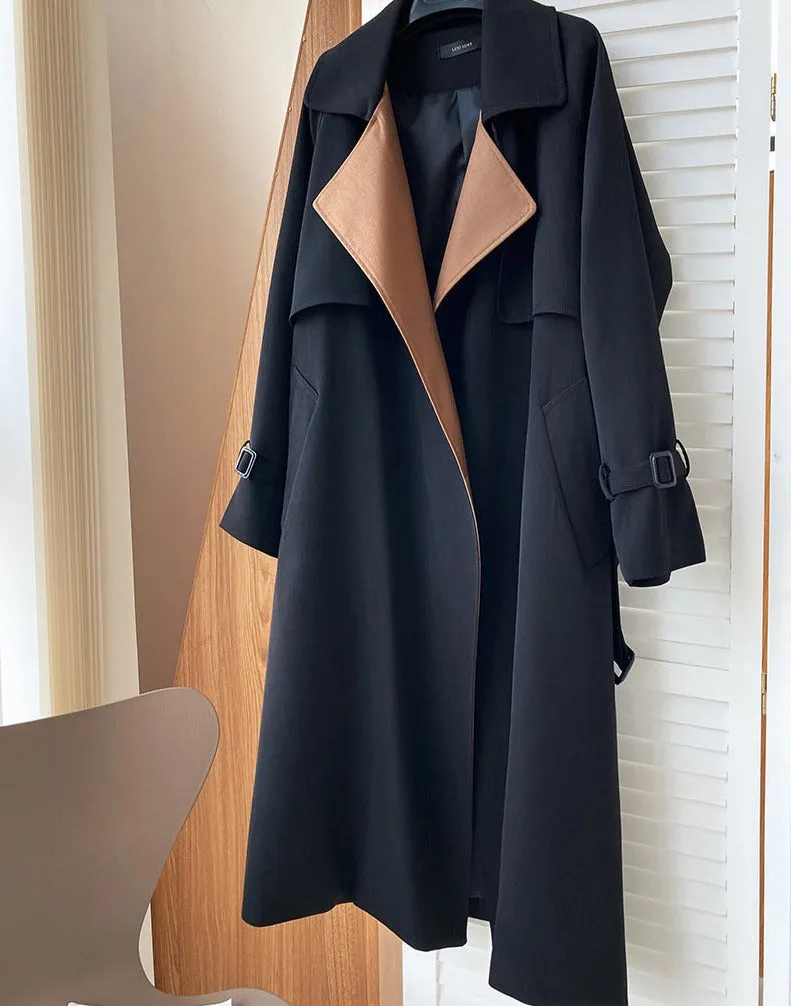 Wjczt Elegant Patchwork Lapel Women Trench Coat Autumn Winter Ladies Overcoats Full Sleeve Belted Loose Female Long Jacket