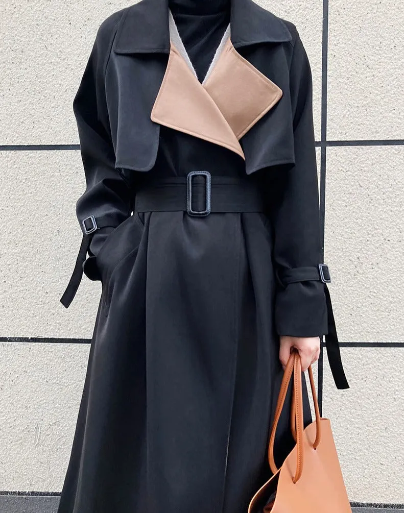 Wjczt Elegant Patchwork Lapel Women Trench Coat Autumn Winter Ladies Overcoats Full Sleeve Belted Loose Female Long Jacket