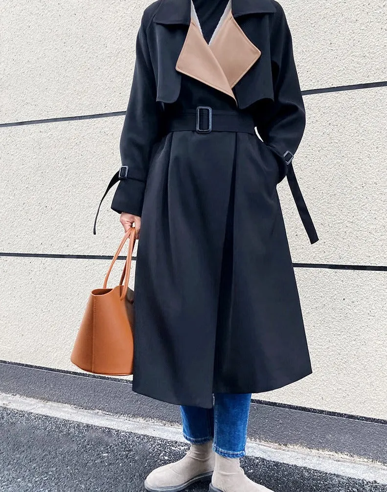 Wjczt Elegant Patchwork Lapel Women Trench Coat Autumn Winter Ladies Overcoats Full Sleeve Belted Loose Female Long Jacket