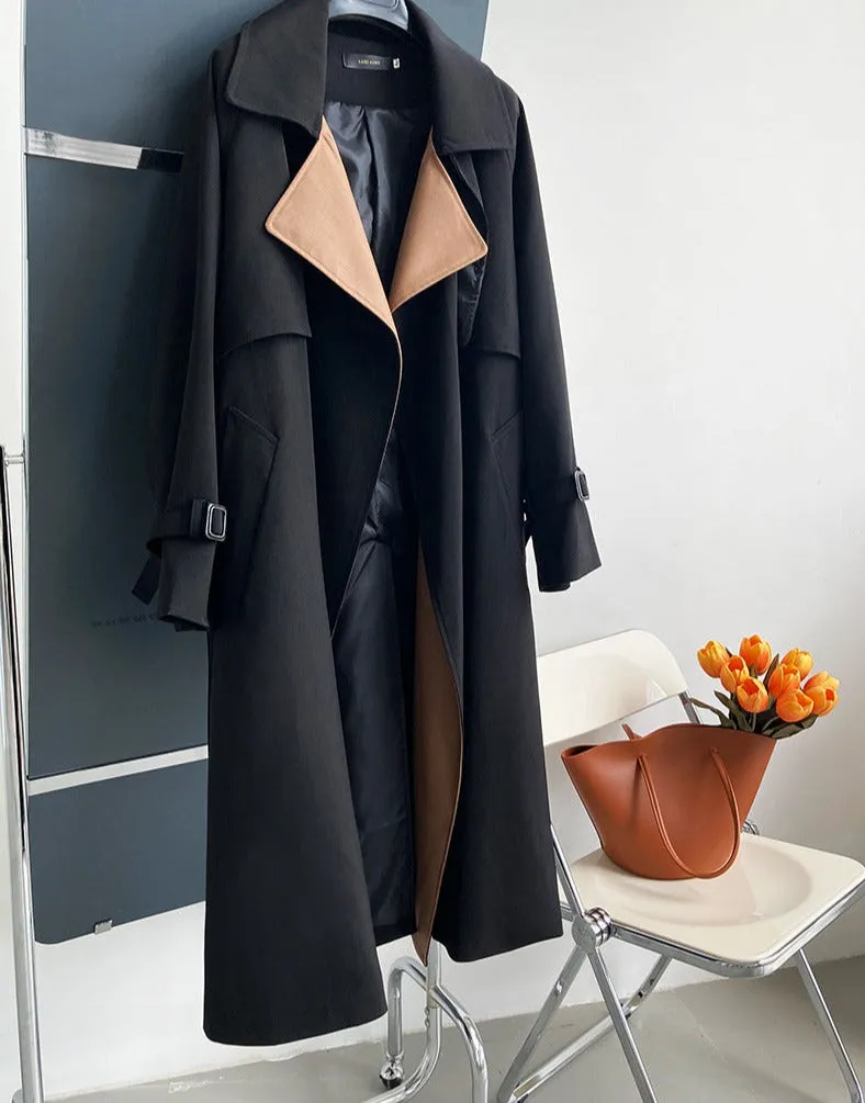 Wjczt Elegant Patchwork Lapel Women Trench Coat Autumn Winter Ladies Overcoats Full Sleeve Belted Loose Female Long Jacket