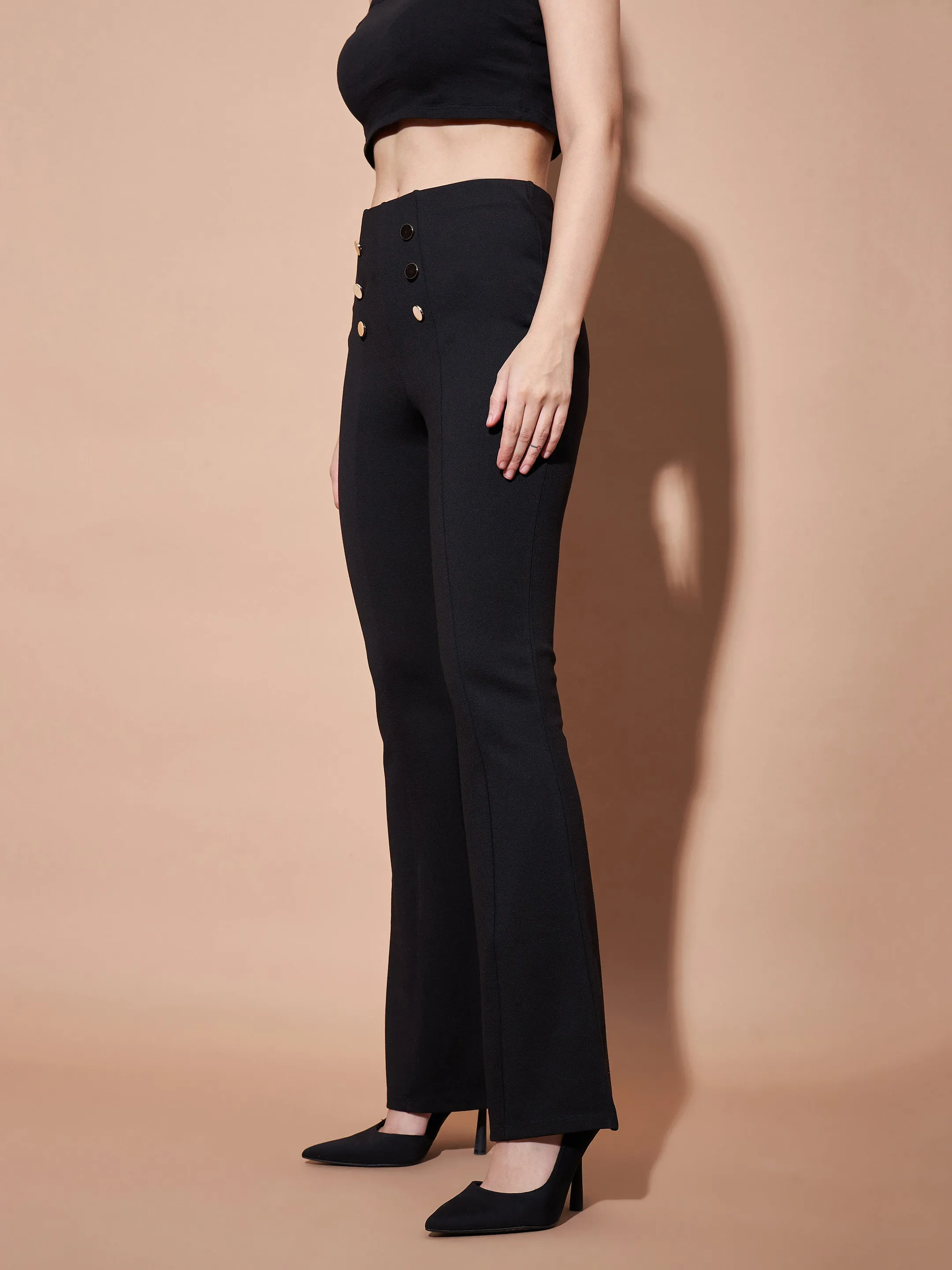 Women Black High Waist Gold Show Buttons Pants