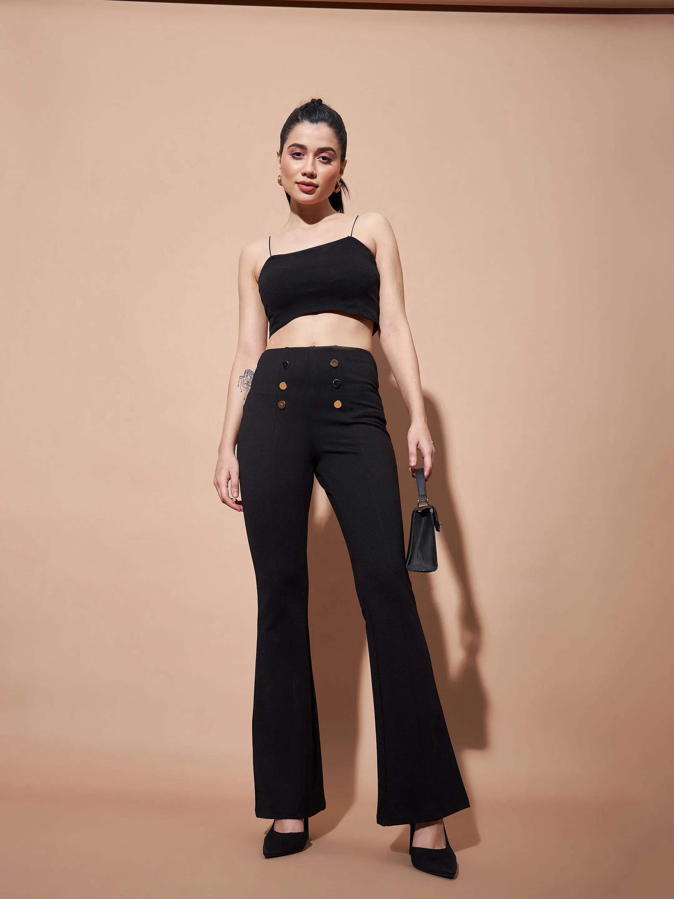 Women Black High Waist Gold Show Buttons Pants