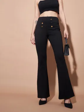 Women Black High Waist Gold Show Buttons Pants