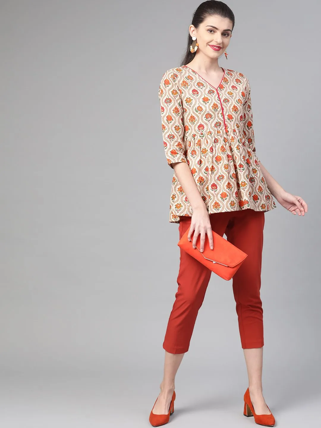 Women Cream & Orange Cotton Printed V-Neck Tunic