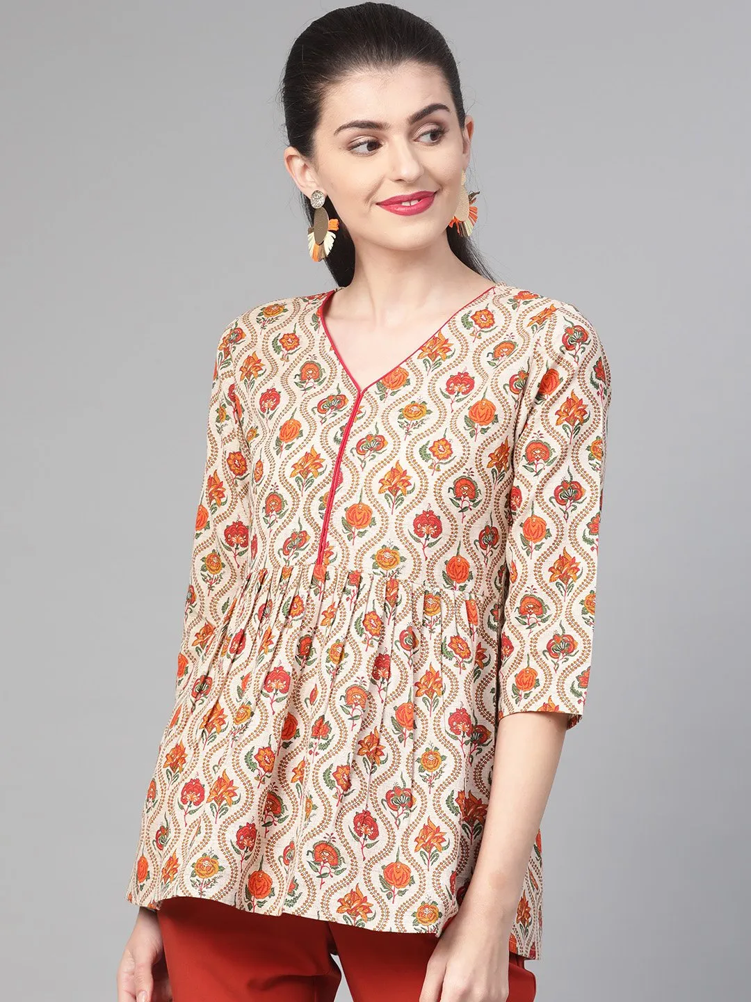 Women Cream & Orange Cotton Printed V-Neck Tunic