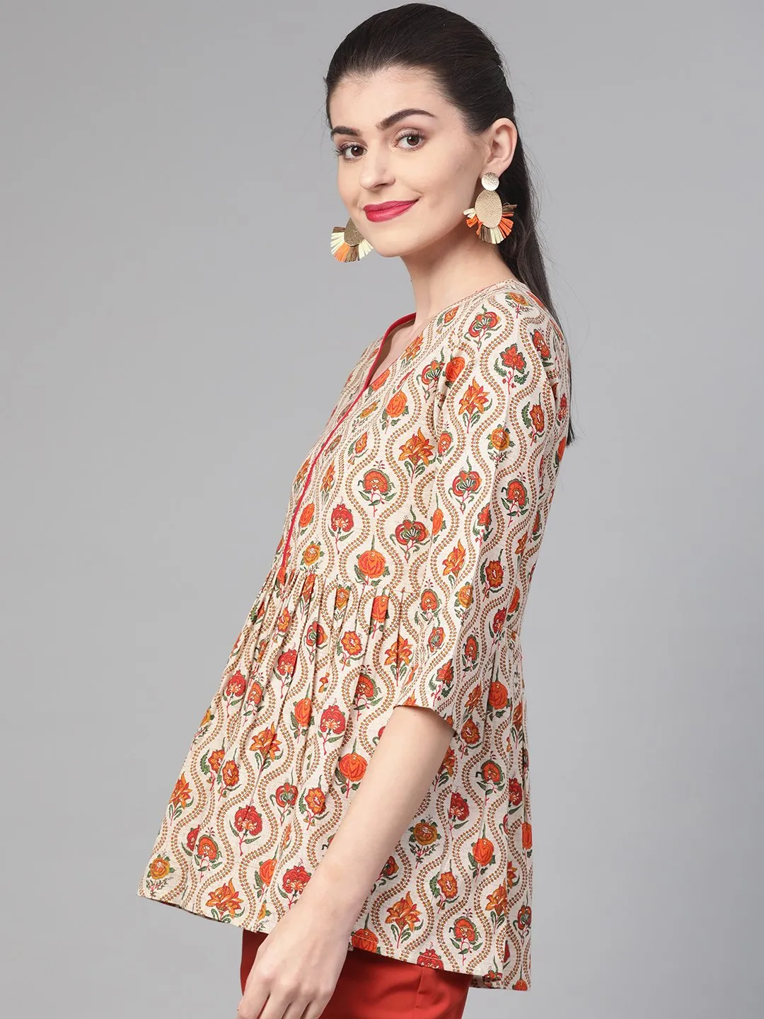 Women Cream & Orange Cotton Printed V-Neck Tunic