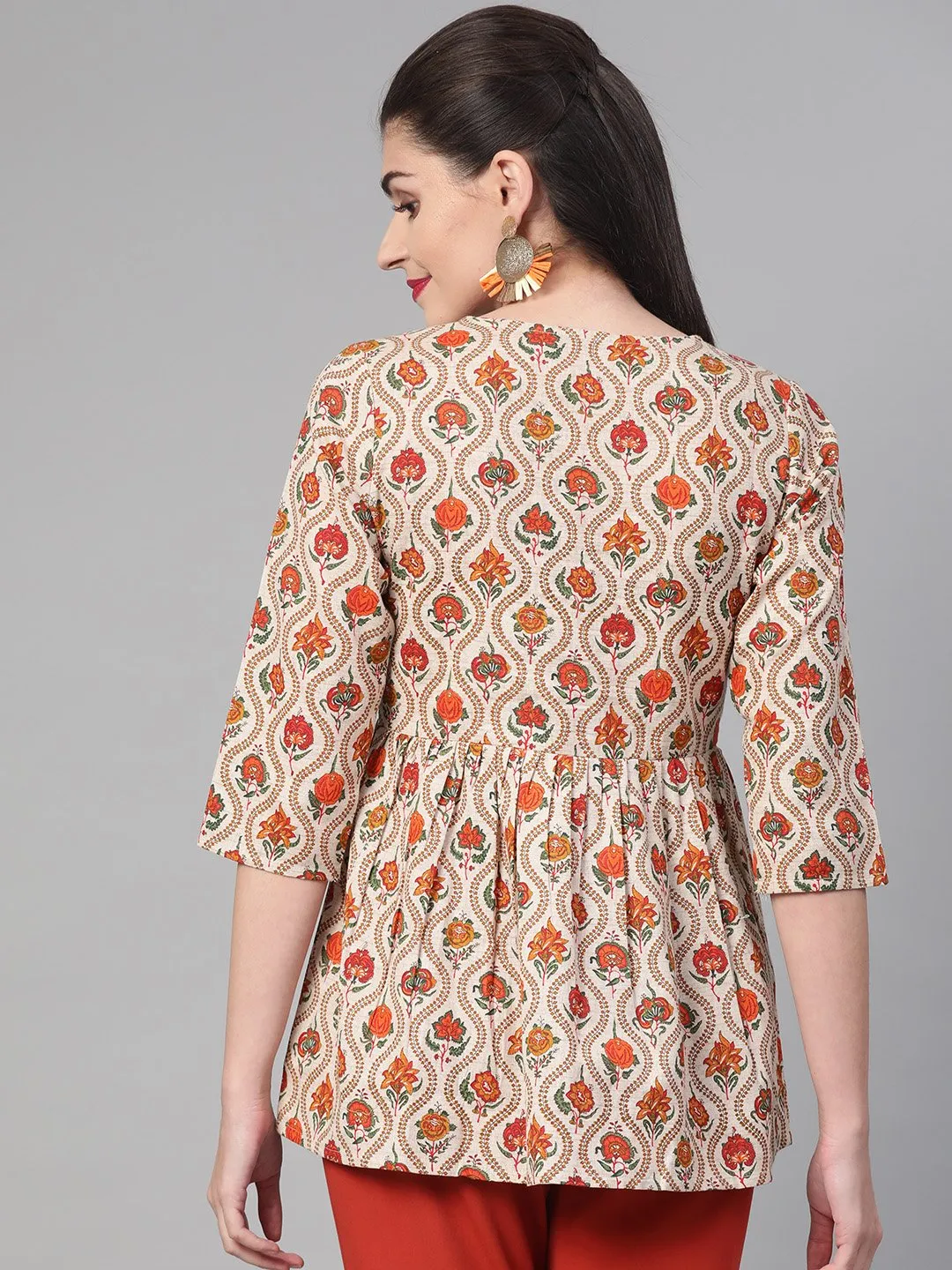 Women Cream & Orange Cotton Printed V-Neck Tunic