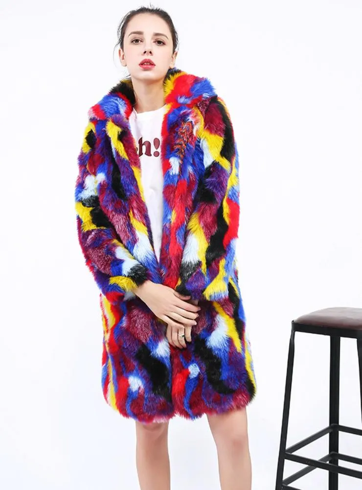 Women Faux Fur Coat Rabbit Fur Trench Color Matching