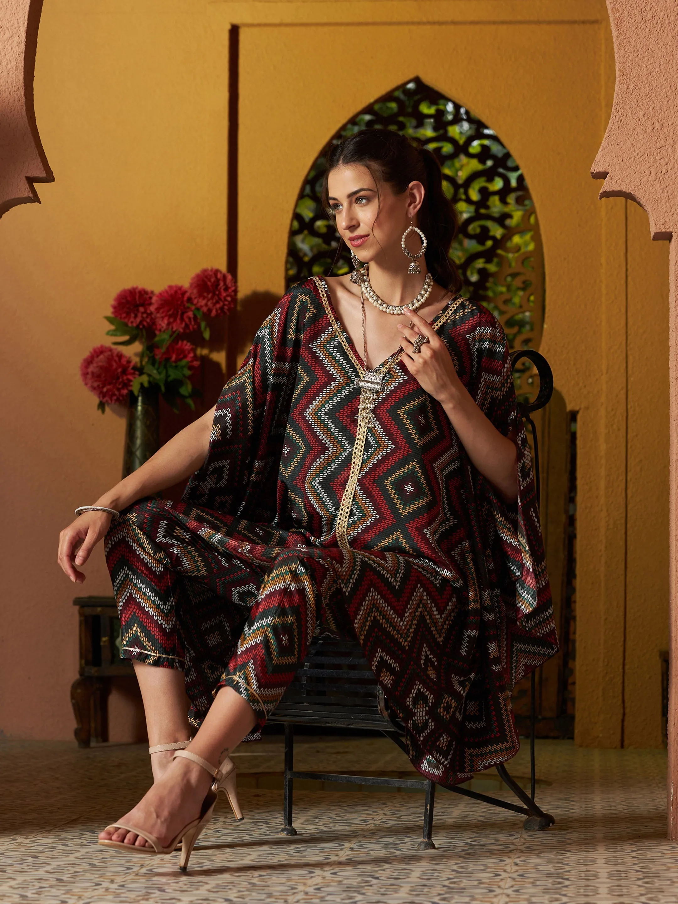 Women Maroon Multi Chevron Kaftan Top With Pencil Pants