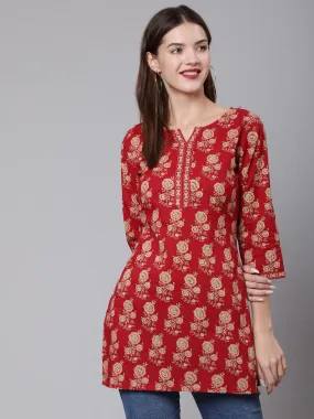 Women Red Ethnic Printed Straight Tunic With Three Quarter Sleeves