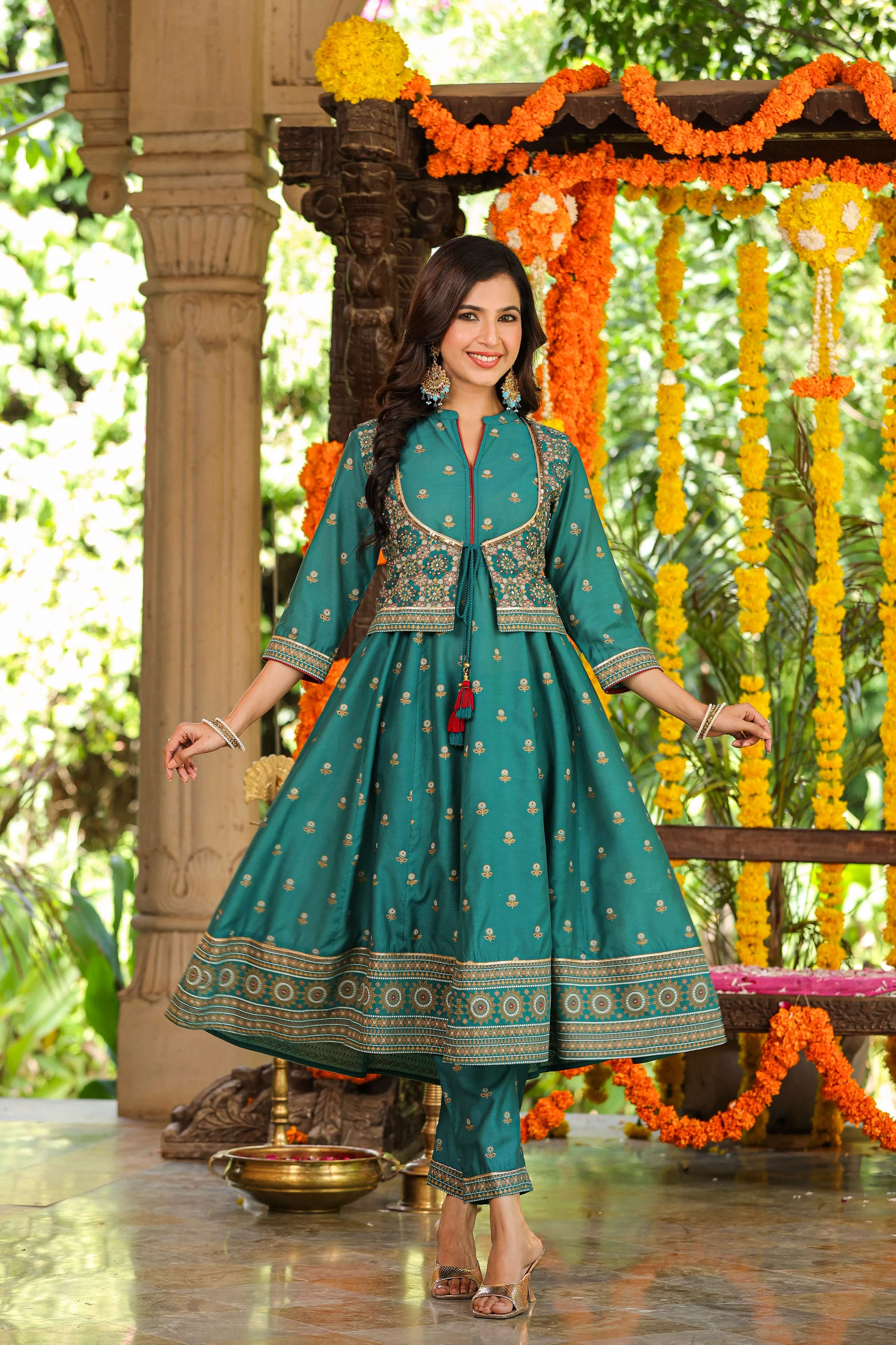 Women Teal Chanderi Printed Kurta& Pants Set