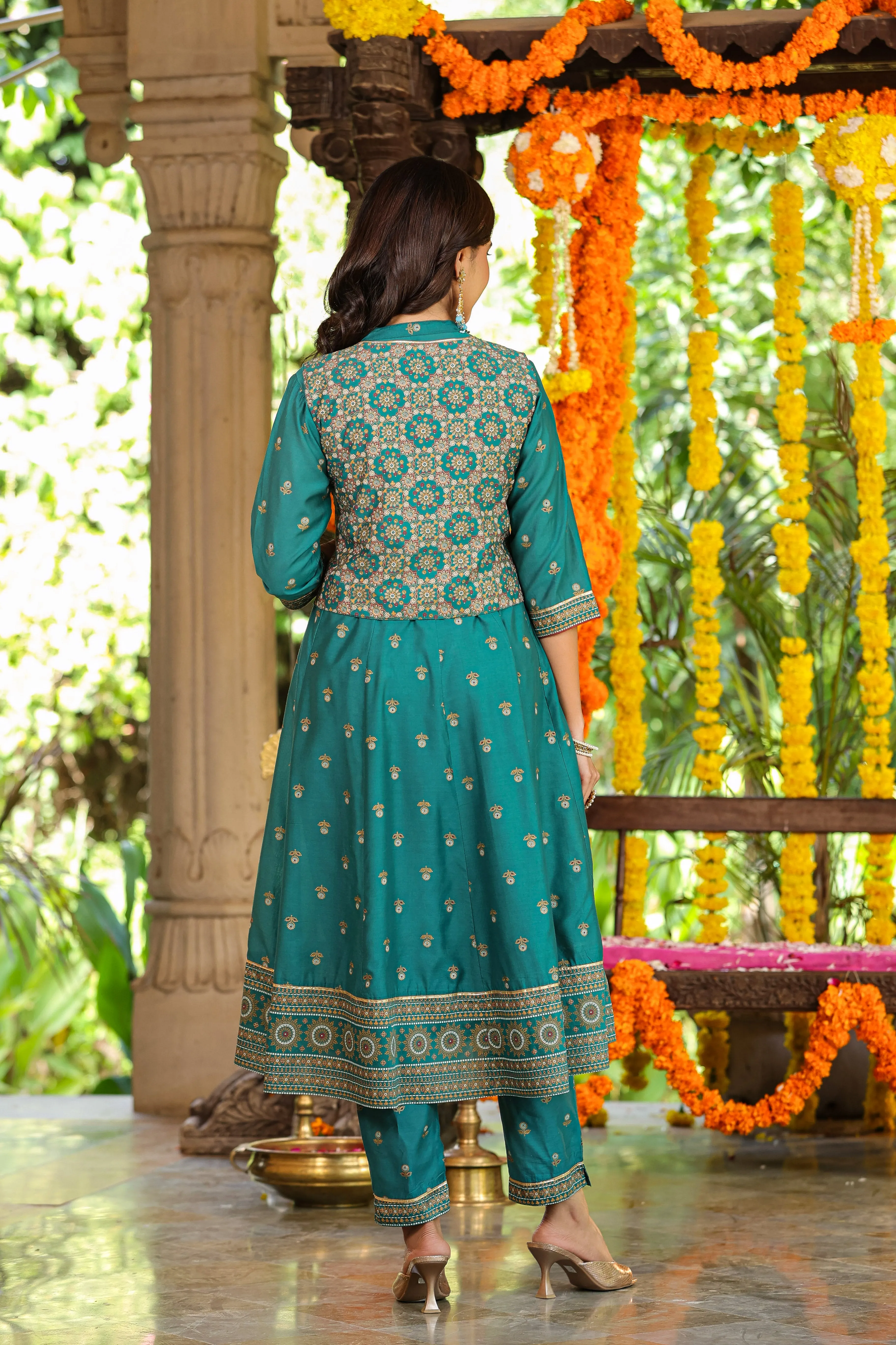 Women Teal Chanderi Printed Kurta& Pants Set