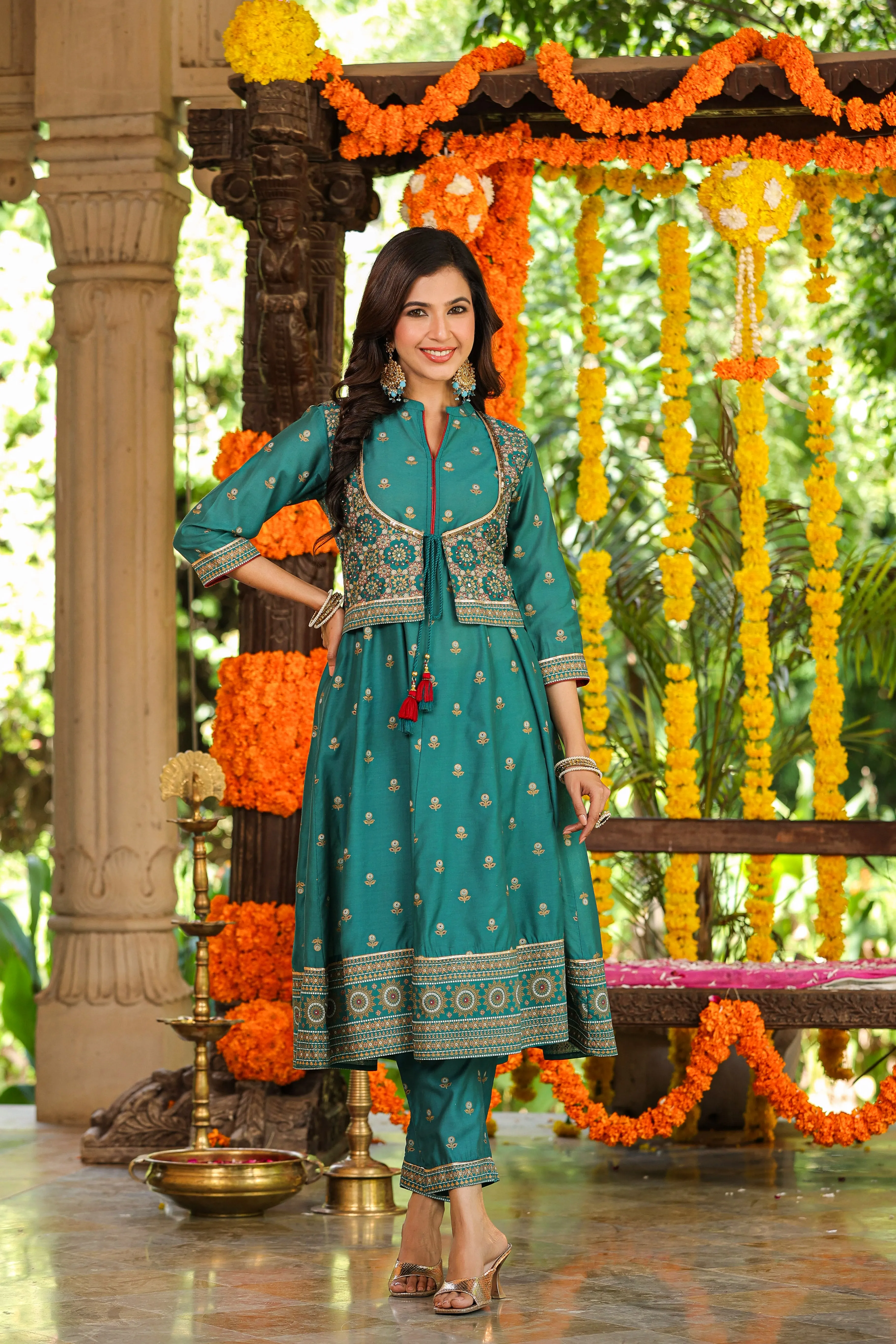 Women Teal Chanderi Printed Kurta& Pants Set