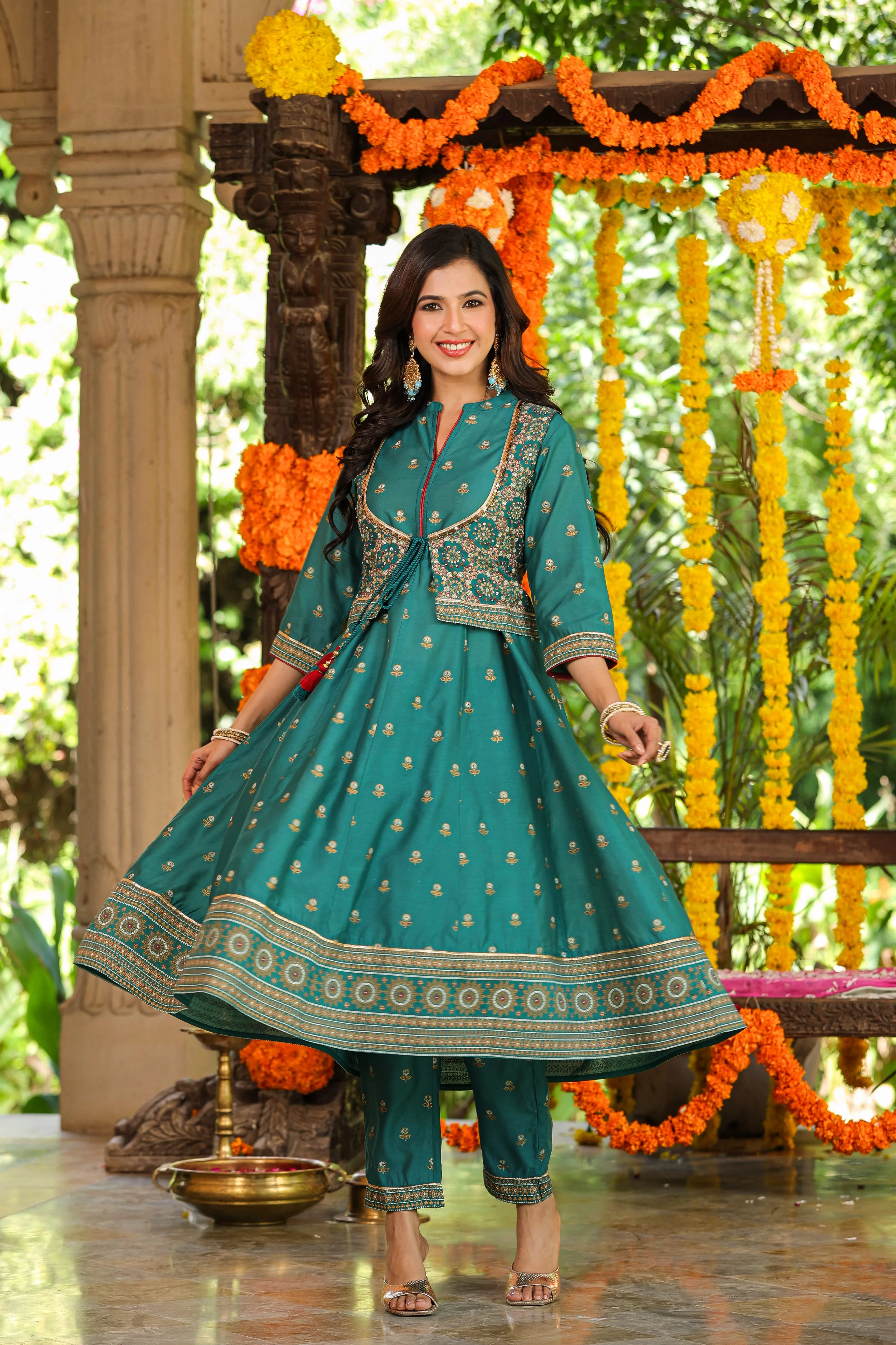 Women Teal Chanderi Printed Kurta& Pants Set