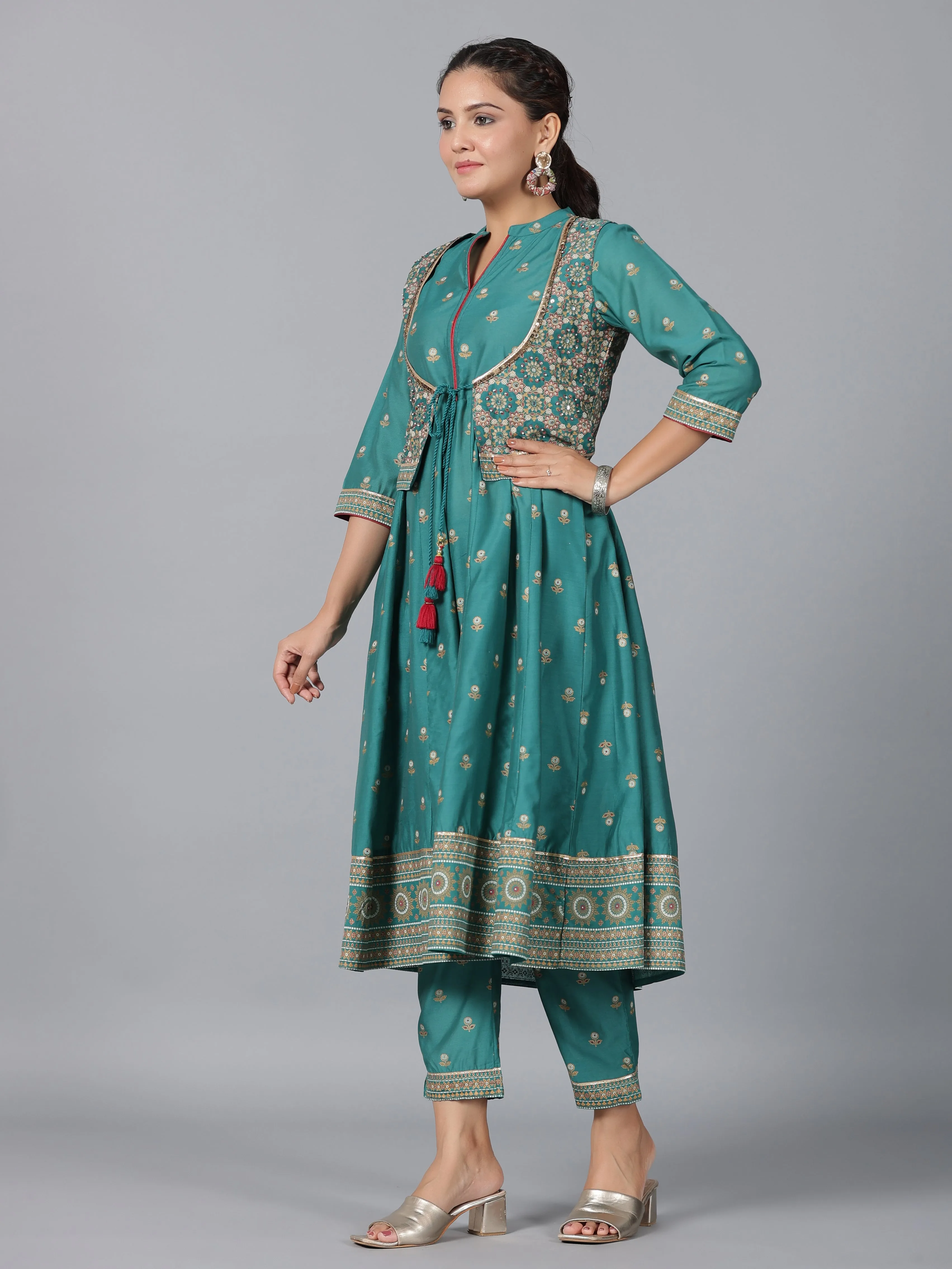 Women Teal Chanderi Printed Kurta& Pants Set