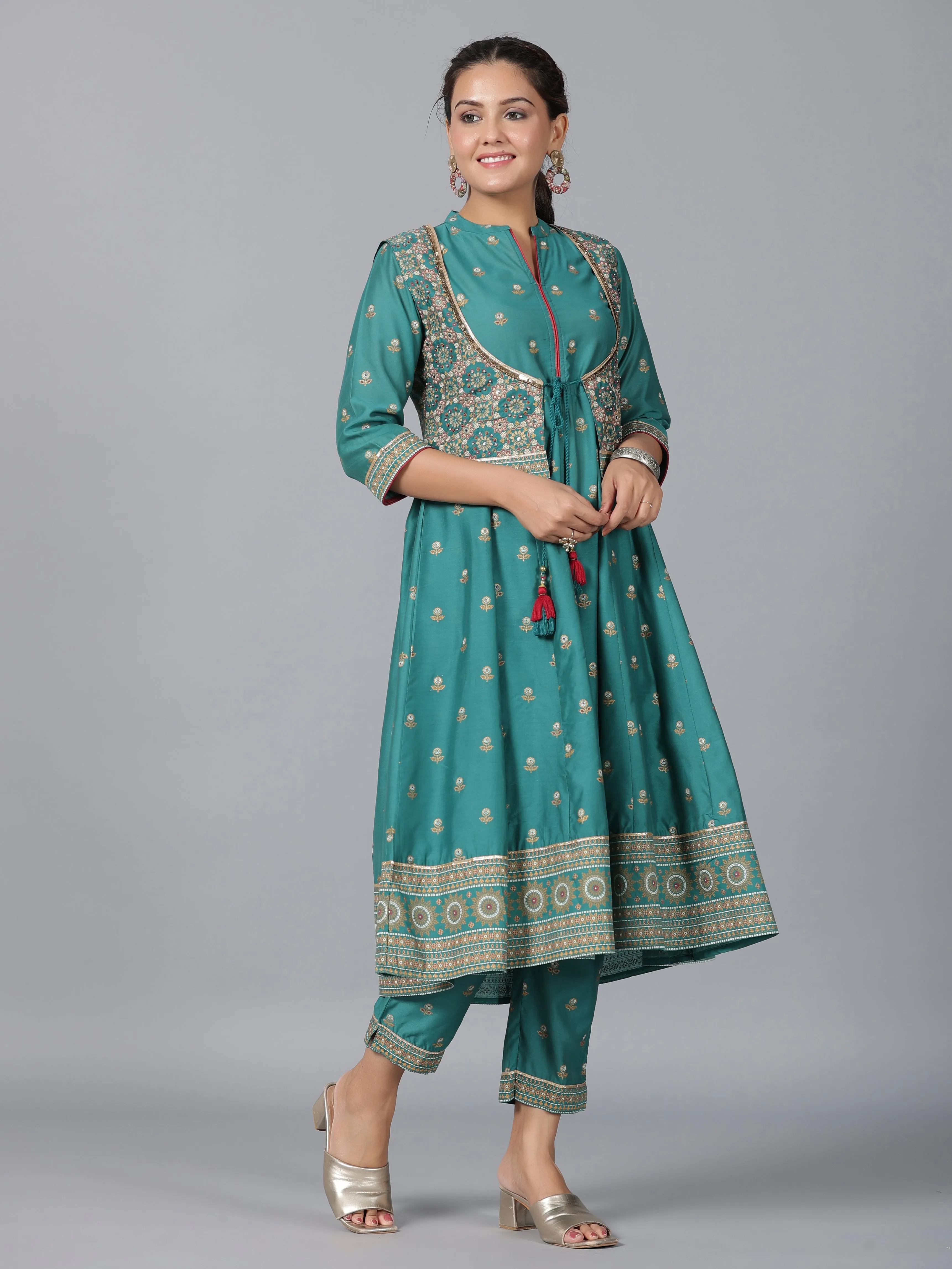 Women Teal Chanderi Printed Kurta& Pants Set