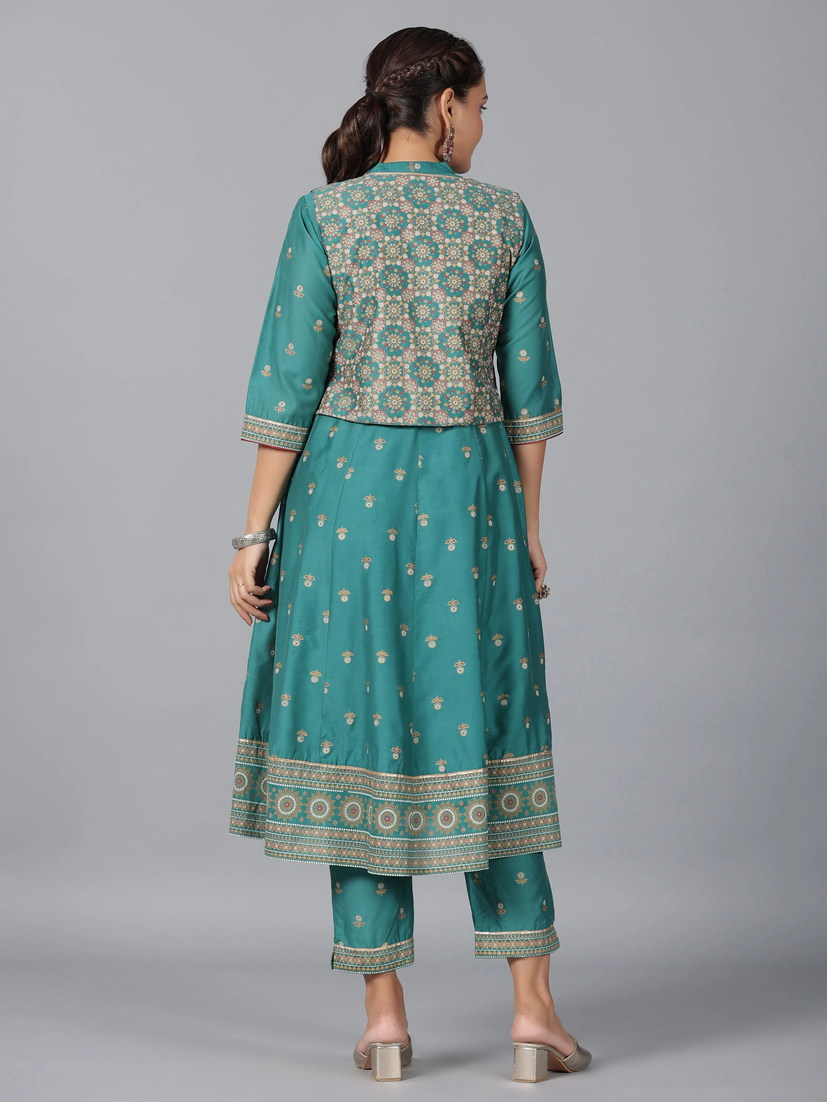 Women Teal Chanderi Printed Kurta& Pants Set