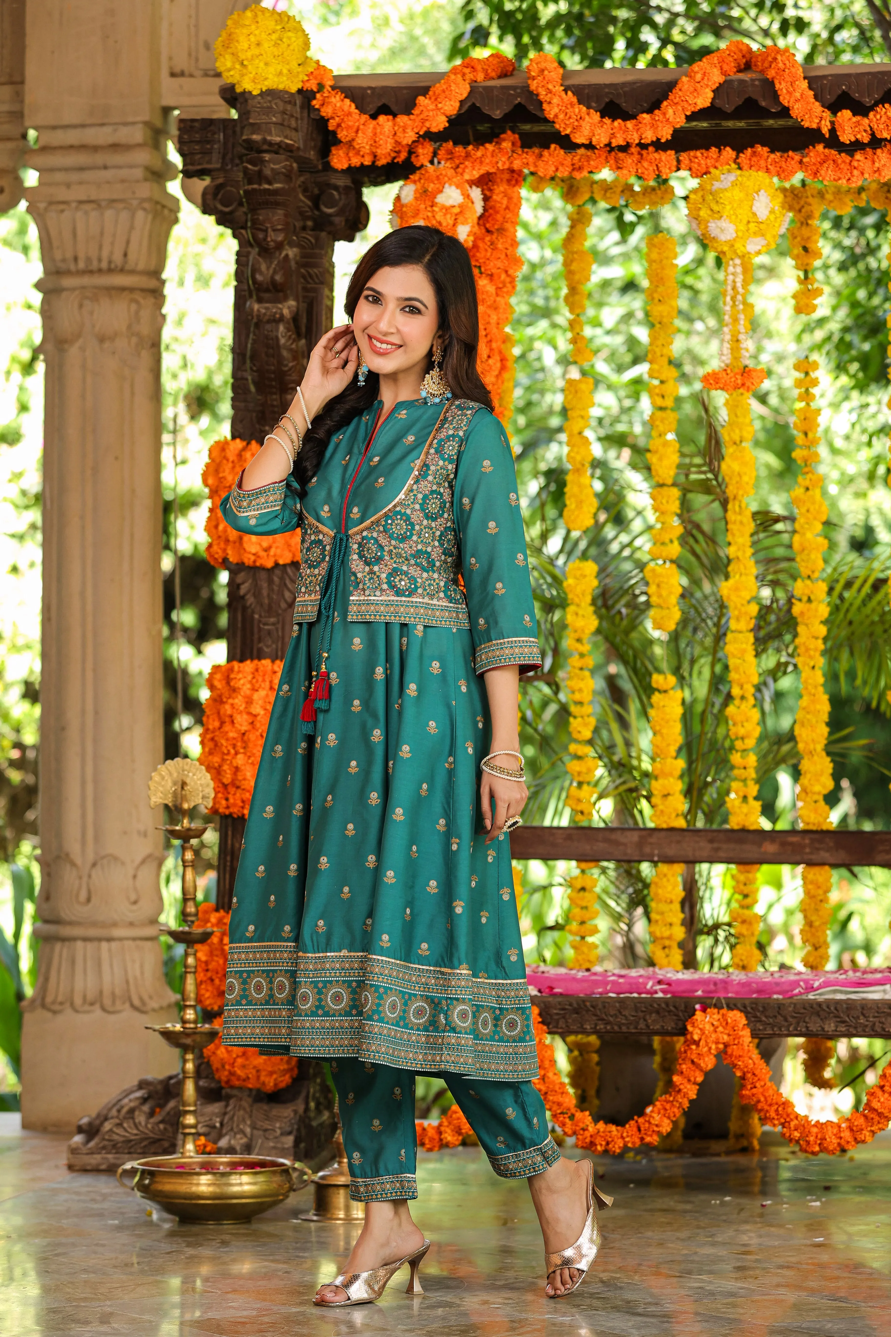 Women Teal Chanderi Printed Kurta& Pants Set