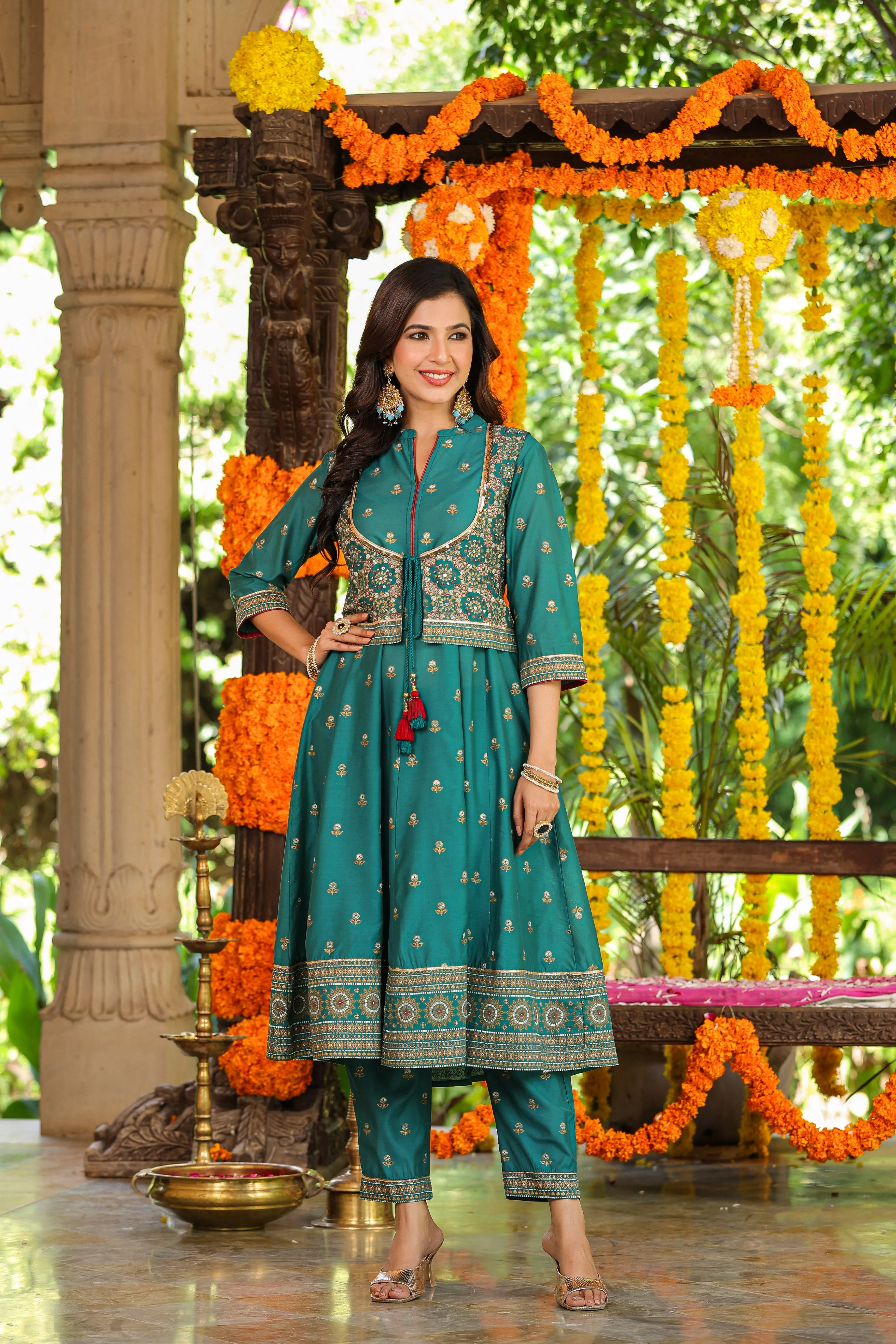 Women Teal Chanderi Printed Kurta& Pants Set