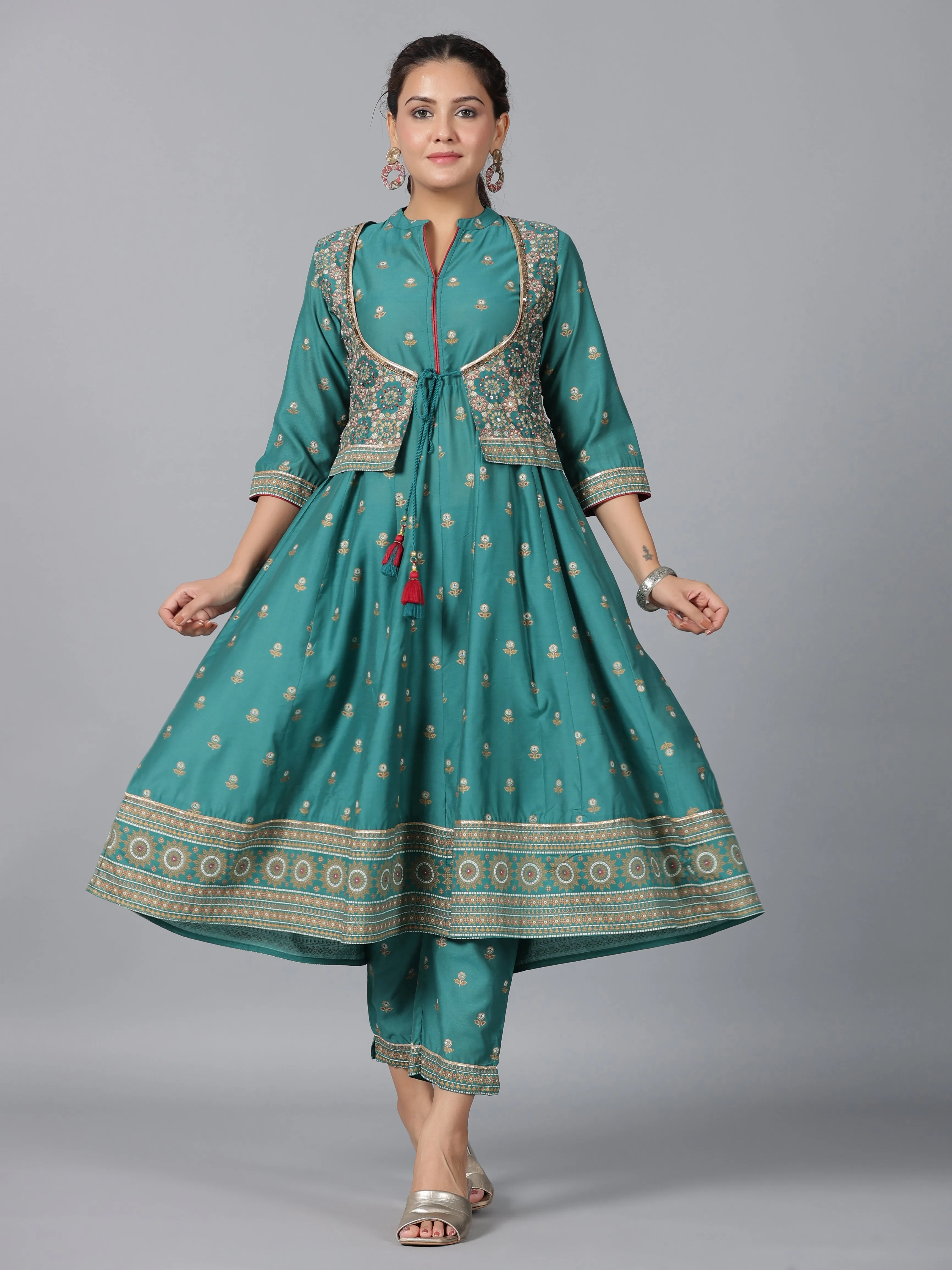 Women Teal Chanderi Printed Kurta& Pants Set