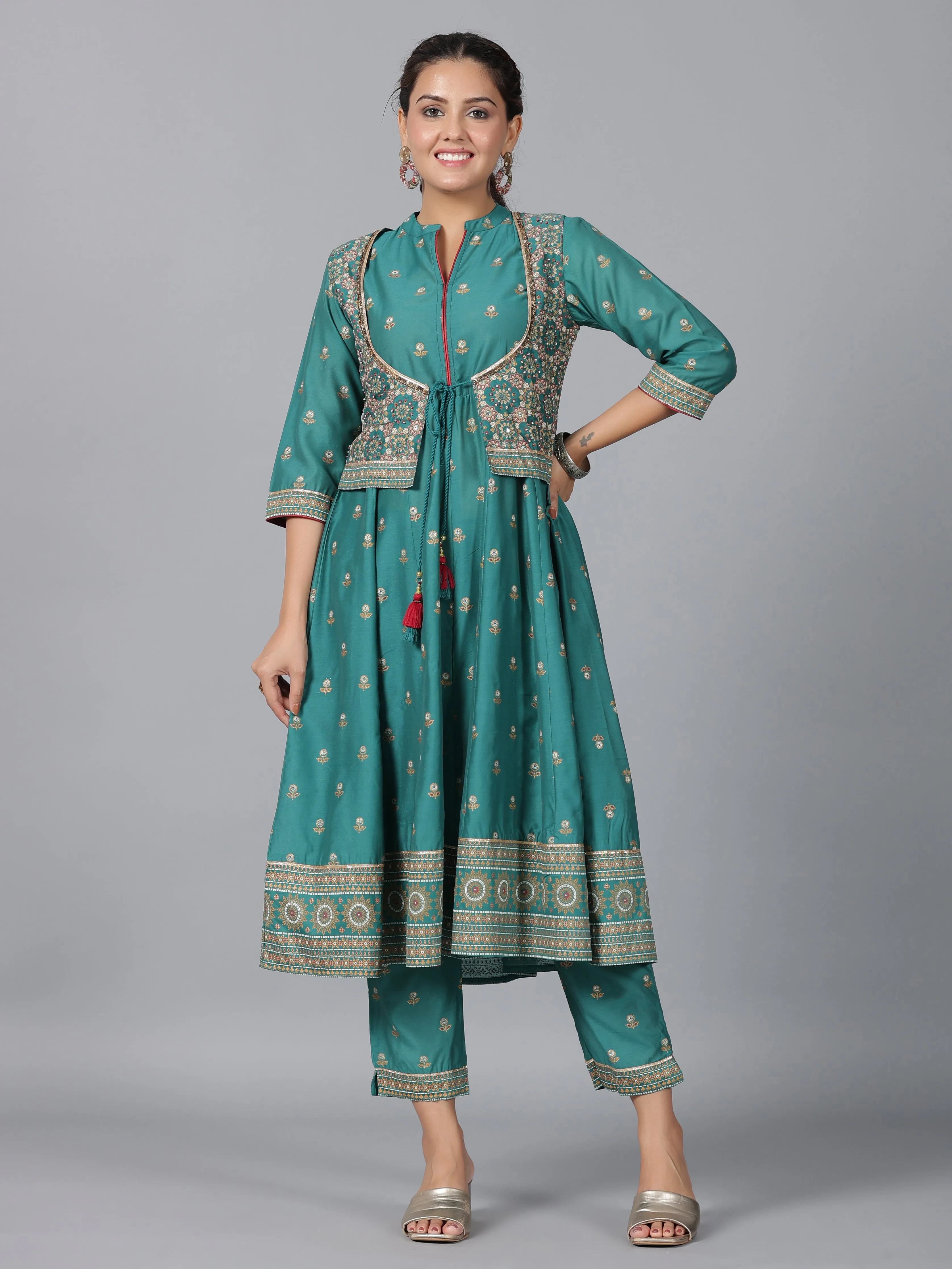 Women Teal Chanderi Printed Kurta& Pants Set